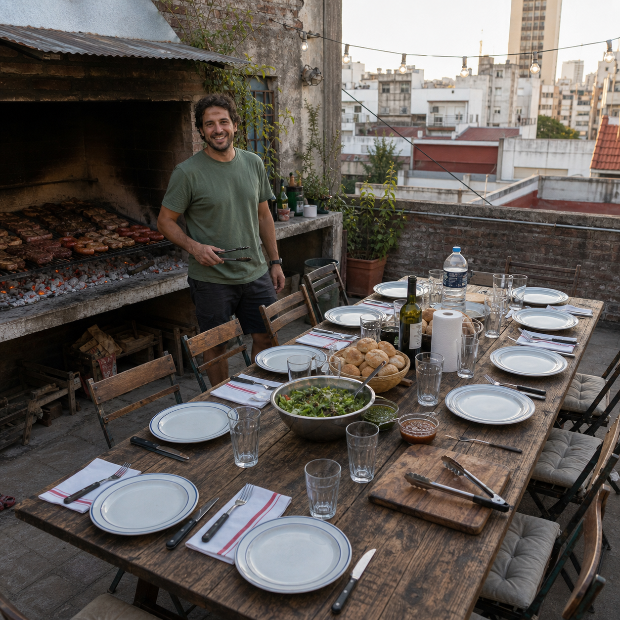 Anfitrión cocinando en su parrilla